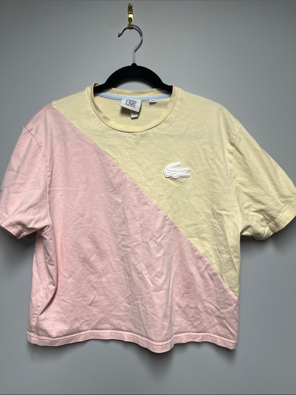 Lacoste Diagonal Colorblock Cropped Tee in Pale Yellow & Light Pink
